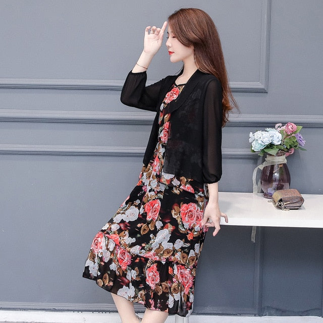 Big Size 2 Pieces sets Women jacket cardigan Floral Chiffon Dress set –  sksgen