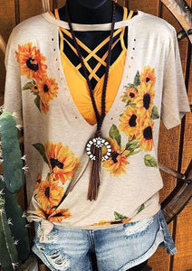 Women Steer Skull Sunflower Cactus Hollow Out T-shirt