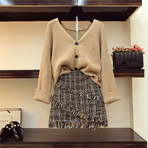 V-necked Cardigan Knitted Coat + High-waisted Tweed Skirt