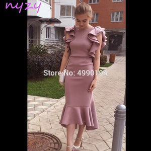 Cocktail Dresses Pink Cap Sleeves Tea Length Ruffles