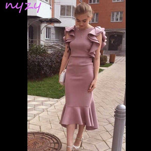 Cocktail Dresses Pink Cap Sleeves Tea Length Ruffles
