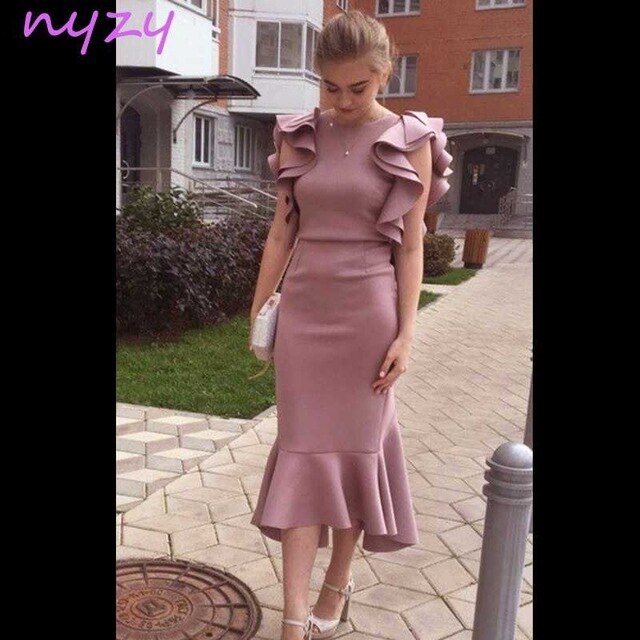Cocktail Dresses Pink Cap Sleeves Tea Length Ruffles