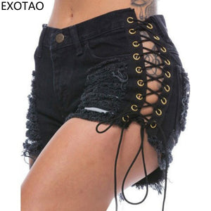 summer black lacing women's shorts ripped sexy bandage high waist shorts