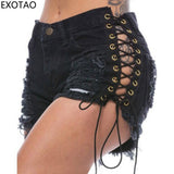 summer black lacing women's shorts ripped sexy bandage high waist shorts