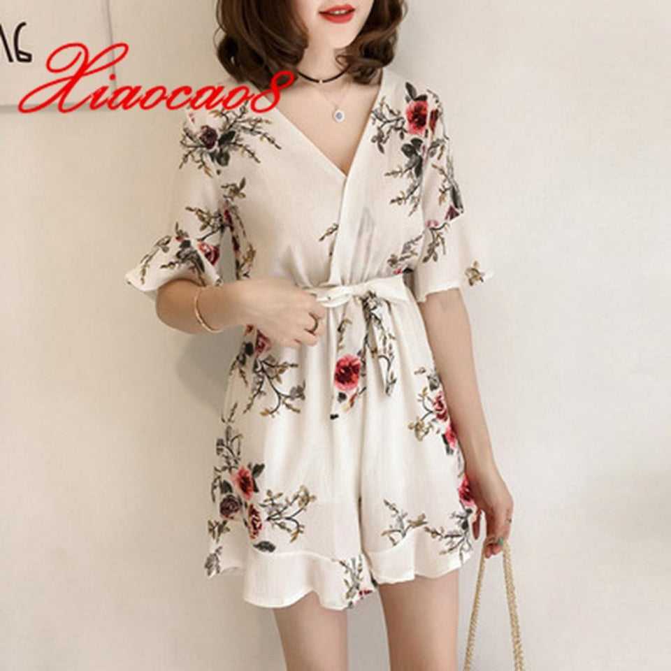 Summer Short Sleeve Chiffon Playsuits Print Office Lady