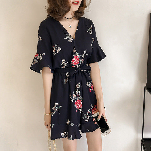 Summer Short Sleeve Chiffon Playsuits Print Office Lady