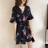 Summer Short Sleeve Chiffon Playsuits Print Office Lady