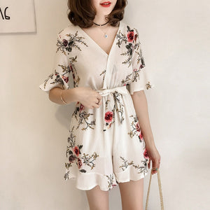 Summer Short Sleeve Chiffon Playsuits Print Office Lady
