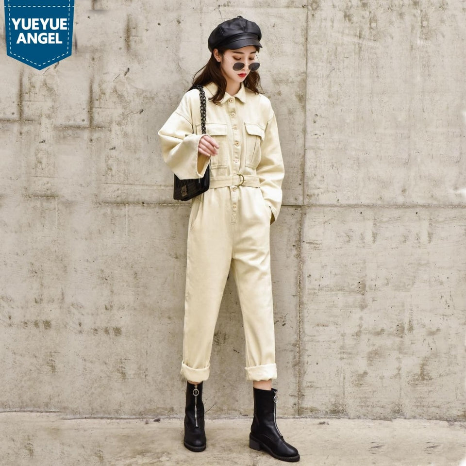 Fashion Long Sleeve Casual Loose Fit Denim Jumpsuit