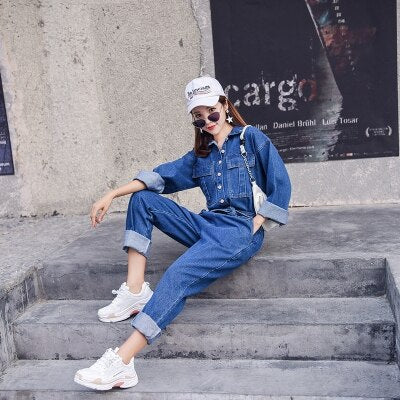 Fashion Long Sleeve Casual Loose Fit Denim Jumpsuit