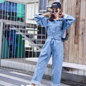 Fashion Long Sleeve Casual Loose Fit Denim Jumpsuit