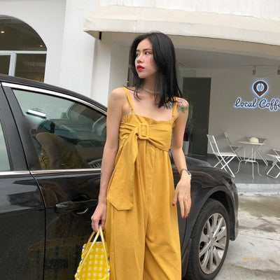 White yellow sling cotton jumpsuit summer romper fashion