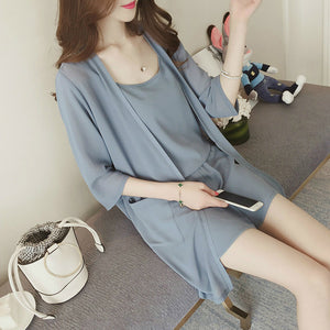 Summer Three Piece Set Casual Tops + Shorts +Cami Top Female Office Suit