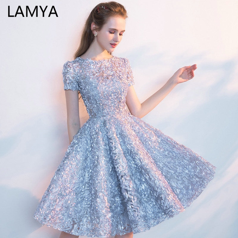 Candy Color Appliques Prom Dresses Short Sleeve Evening Party Dress