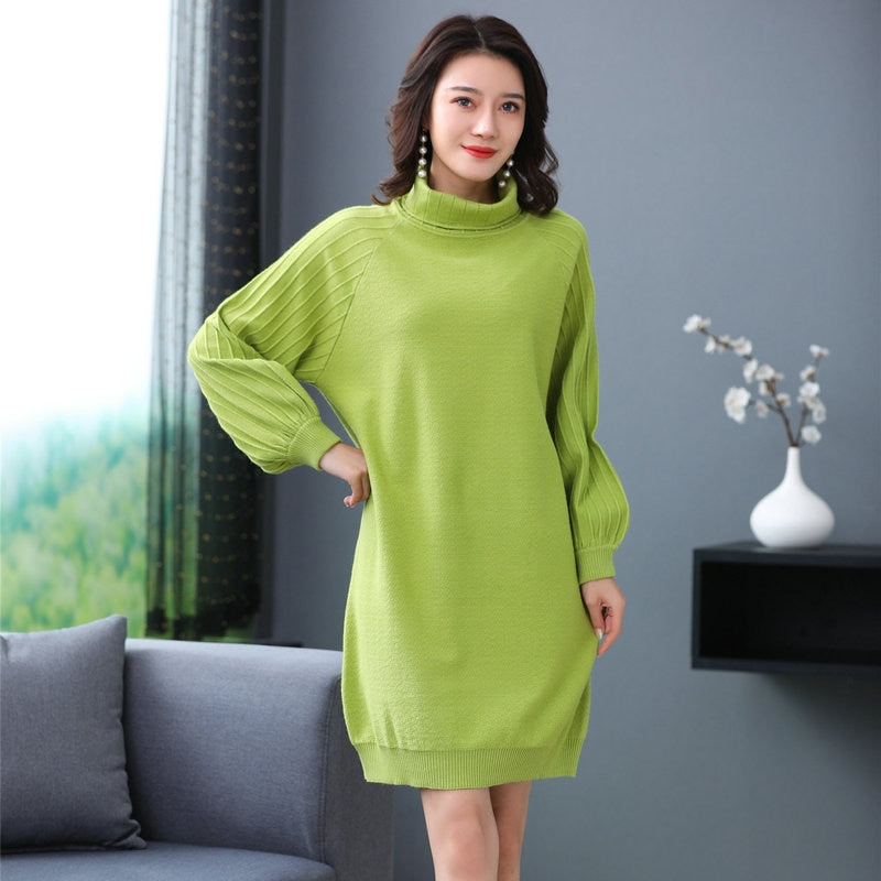 Woman Wool Knitted Dress High Collar Balloon Sleeves