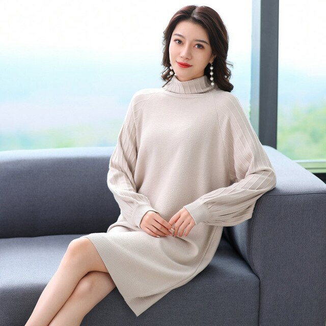 Woman Wool Knitted Dress High Collar Balloon Sleeves
