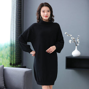 Woman Wool Knitted Dress High Collar Balloon Sleeves