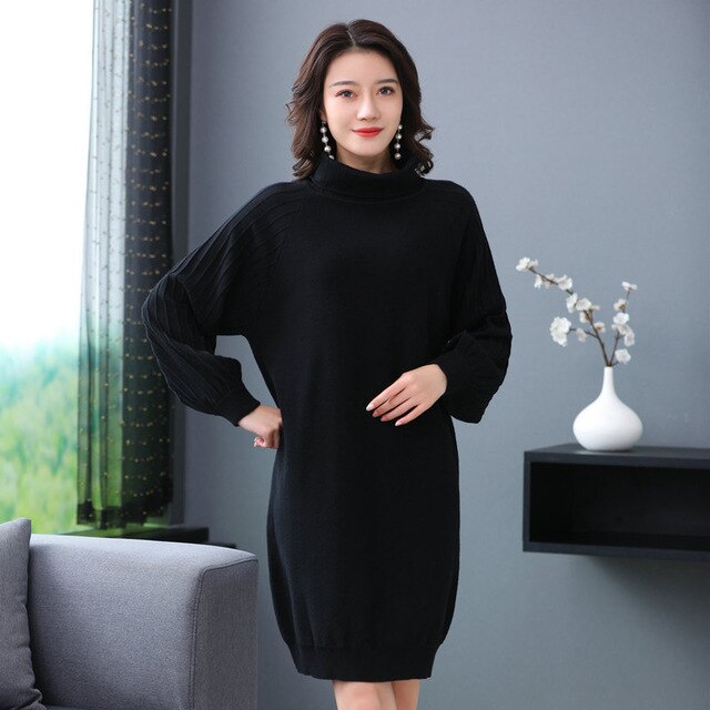 Woman Wool Knitted Dress High Collar Balloon Sleeves