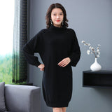 Woman Wool Knitted Dress High Collar Balloon Sleeves