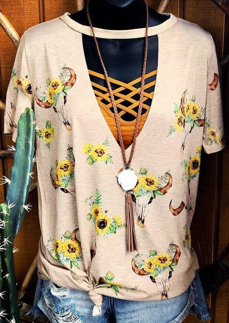 Women Steer Skull Sunflower Cactus Hollow Out T-shirt