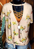 Women Steer Skull Sunflower Cactus Hollow Out T-shirt