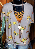 Women Steer Skull Sunflower Cactus Hollow Out T-shirt