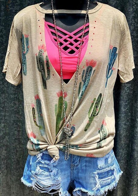 Women Steer Skull Sunflower Cactus Hollow Out T-shirt