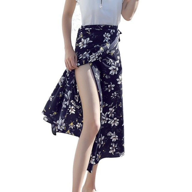 Boho Flower Long Skirt Summer Beach Sunny Ladies Casual Skirts Floral Chiffon Skirt