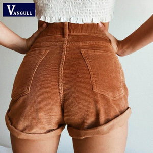 Elastic high waist corduroy shorts streetwear shorts female Loose summer zipper button