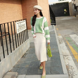 Winter Knitted 2 Piece Set Women Thick Striped Loose Sweater + Pencil Pocket Skirts Suit Female