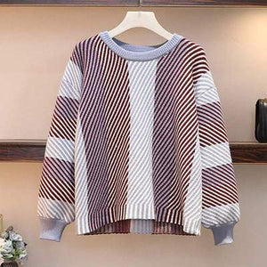 Winter Knitted 2 Piece Set Women Thick Striped Loose Sweater + Pencil Pocket Skirts Suit Female