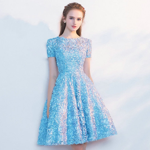 Candy Color Appliques Prom Dresses Short Sleeve Evening Party Dress
