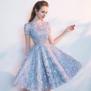 Candy Color Appliques Prom Dresses Short Sleeve Evening Party Dress