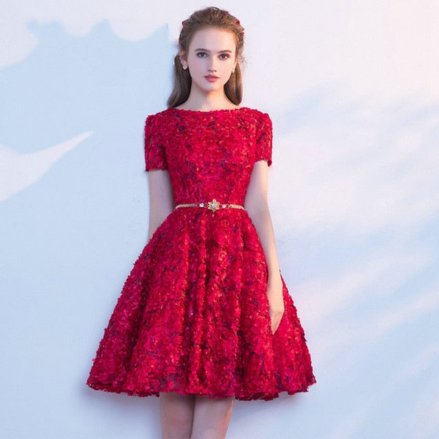 Candy Color Appliques Prom Dresses Short Sleeve Evening Party Dress