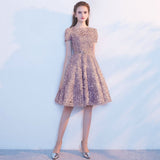 Candy Color Appliques Prom Dresses Short Sleeve Evening Party Dress