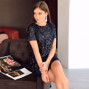Women Vintage Party Sequined Solid Straight Dress