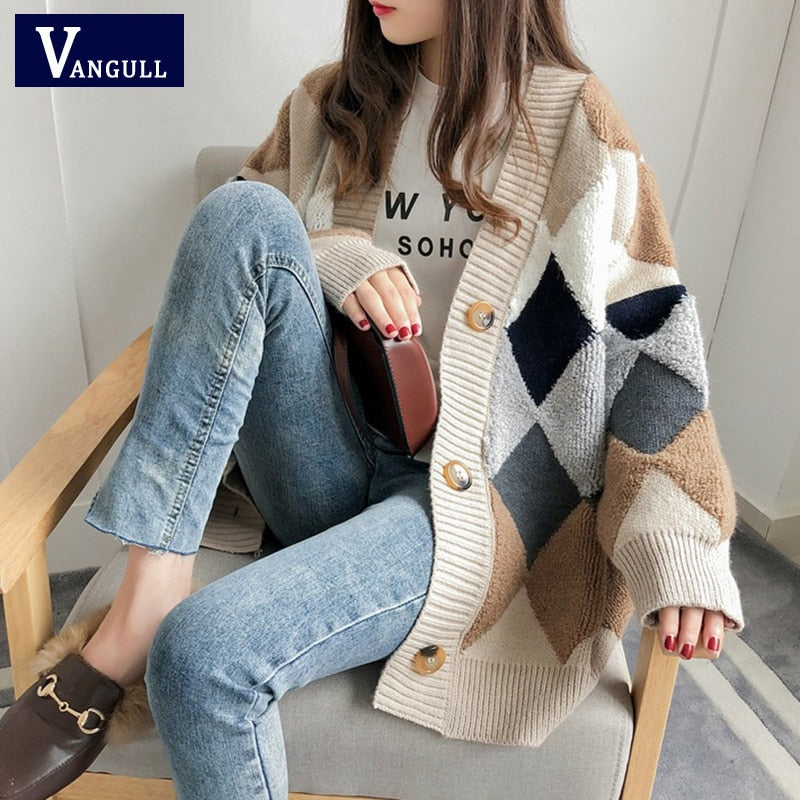 VANGULL Women Sweaters Autumn Winter Casual Plaid V-Neck Cardigans