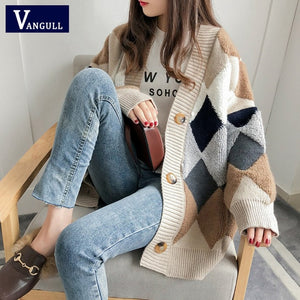 VANGULL Women Sweaters Autumn Winter Casual Plaid V-Neck Cardigans