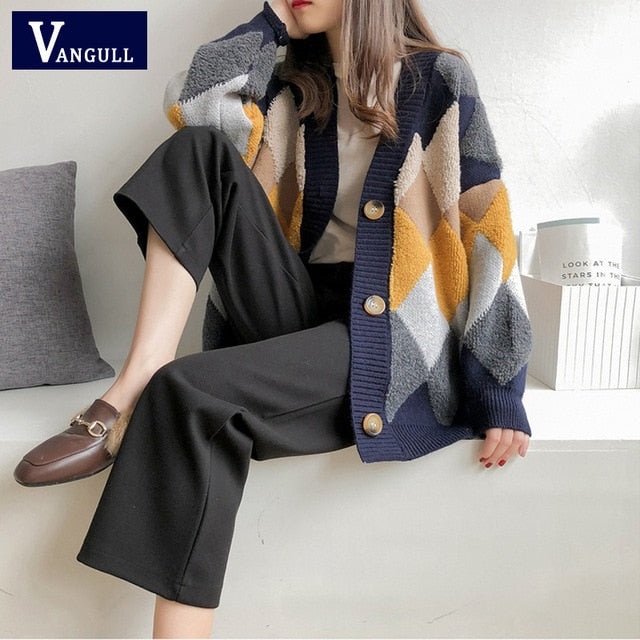 VANGULL Women Sweaters Autumn Winter Casual Plaid V-Neck Cardigans