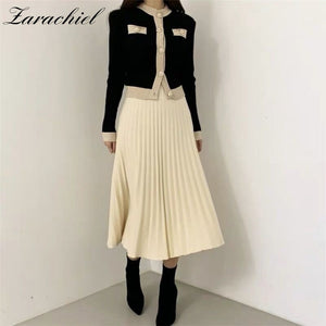 Single Breasted Pearl Buttons Cardigan Sweater+Pleated Long Skirt Suit  2 Piece Set