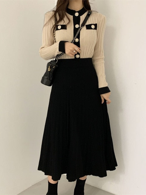 Single Breasted Pearl Buttons Cardigan Sweater+Pleated Long Skirt Suit  2 Piece Set