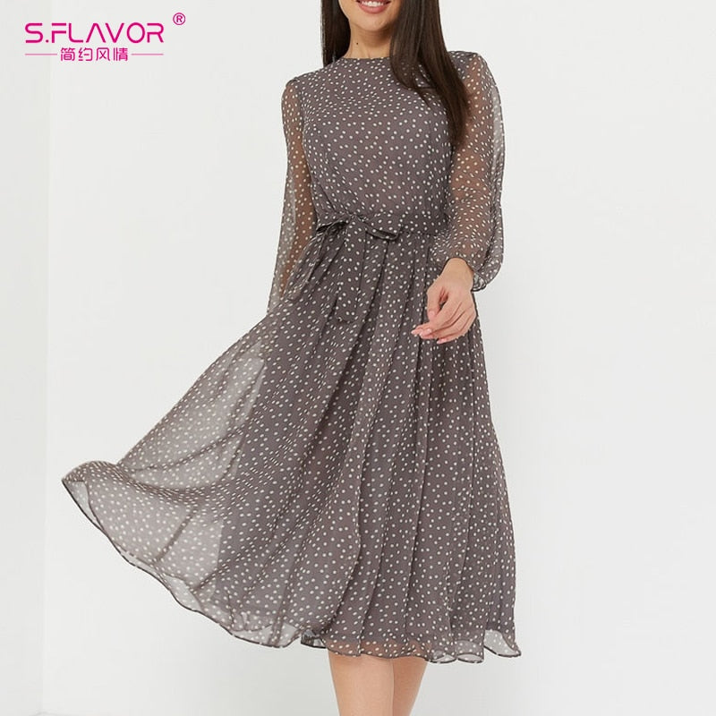 Long Sleeve Women Dresses Casual O Neck Chiffon A LIne Dress Vintage Party Vestidos