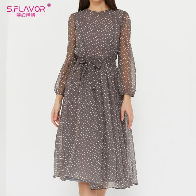 Long Sleeve Women Dresses Casual O Neck Chiffon A LIne Dress Vintage Party Vestidos