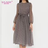 Long Sleeve Women Dresses Casual O Neck Chiffon A LIne Dress Vintage Party Vestidos