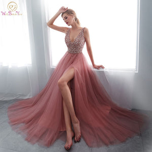 Prom Dresses  Pink High Split Tulle Sweep Train Sleeveless Evening Gown A-line Lace Up Backless