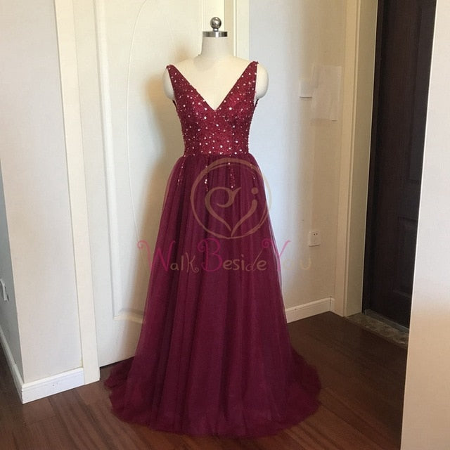 Prom Dresses  Pink High Split Tulle Sweep Train Sleeveless Evening Gown A-line Lace Up Backless