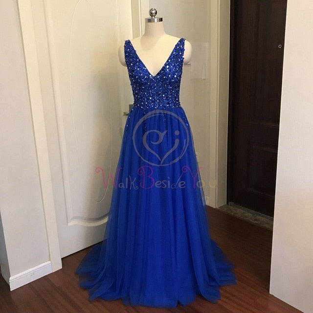 Prom Dresses  Pink High Split Tulle Sweep Train Sleeveless Evening Gown A-line Lace Up Backless