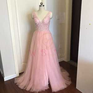 Prom Dresses  Pink High Split Tulle Sweep Train Sleeveless Evening Gown A-line Lace Up Backless