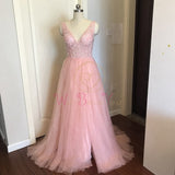 Prom Dresses  Pink High Split Tulle Sweep Train Sleeveless Evening Gown A-line Lace Up Backless