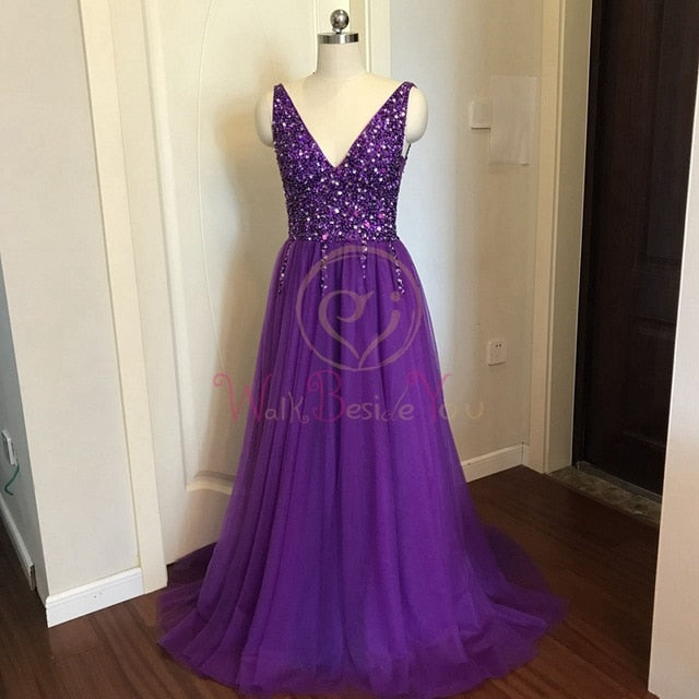 Prom Dresses  Pink High Split Tulle Sweep Train Sleeveless Evening Gown A-line Lace Up Backless